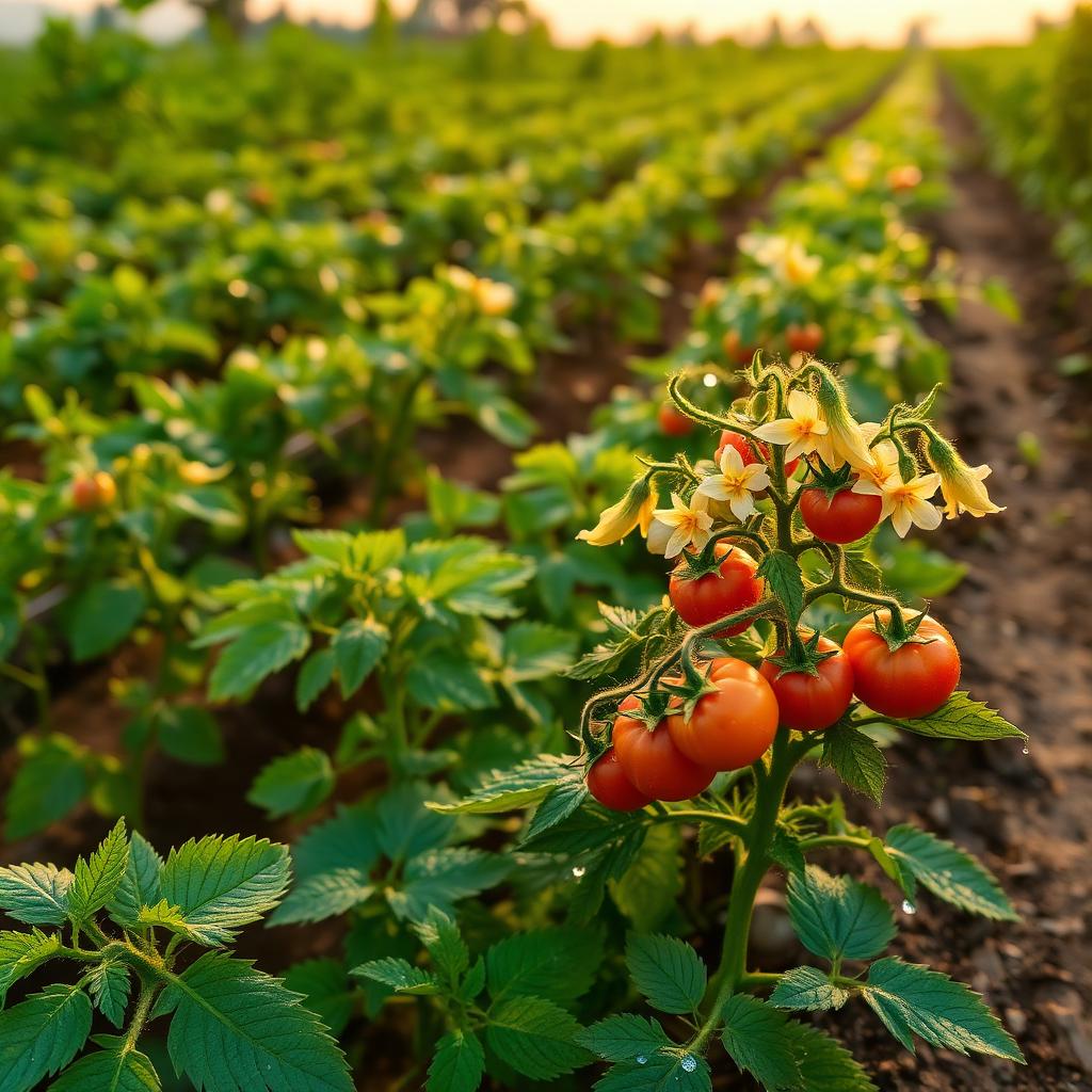 Blossoming tomato vines at sunrise