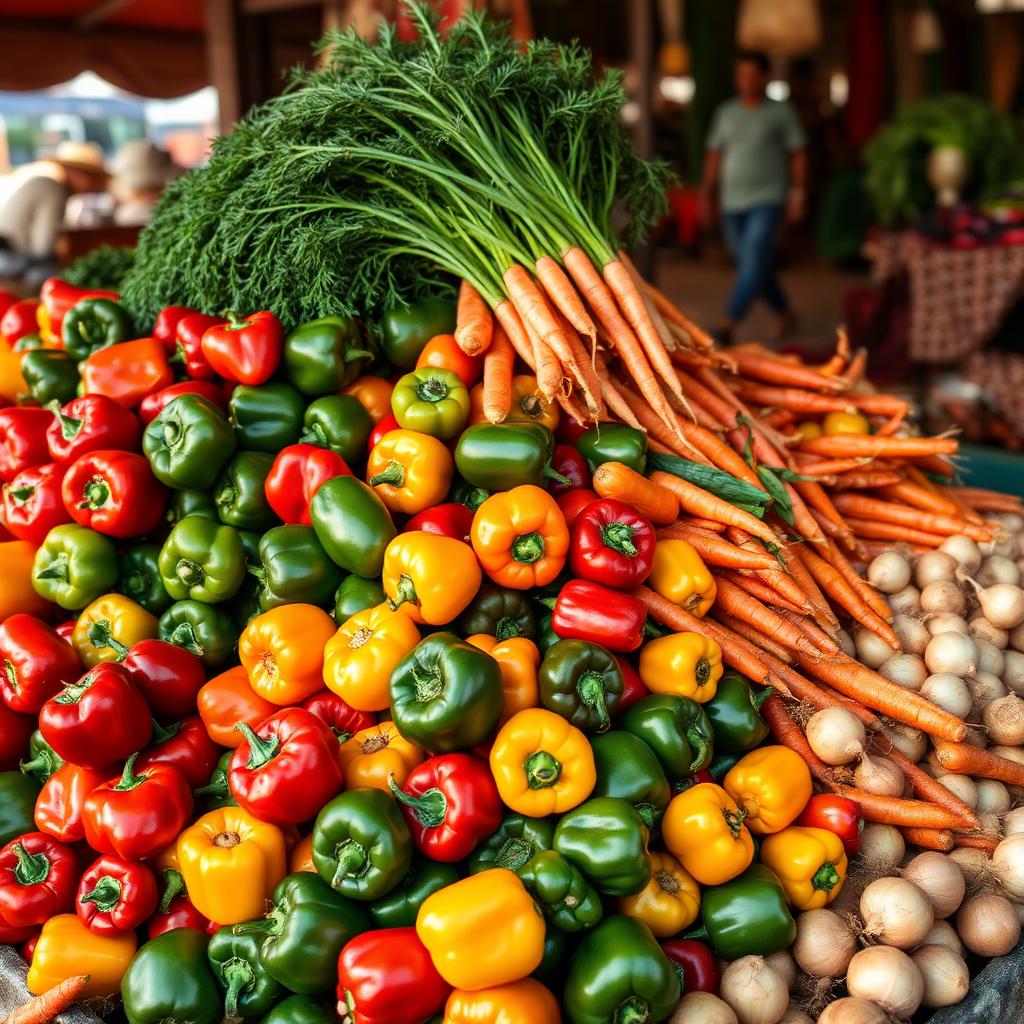 Colourful capsicums, carrots and onions