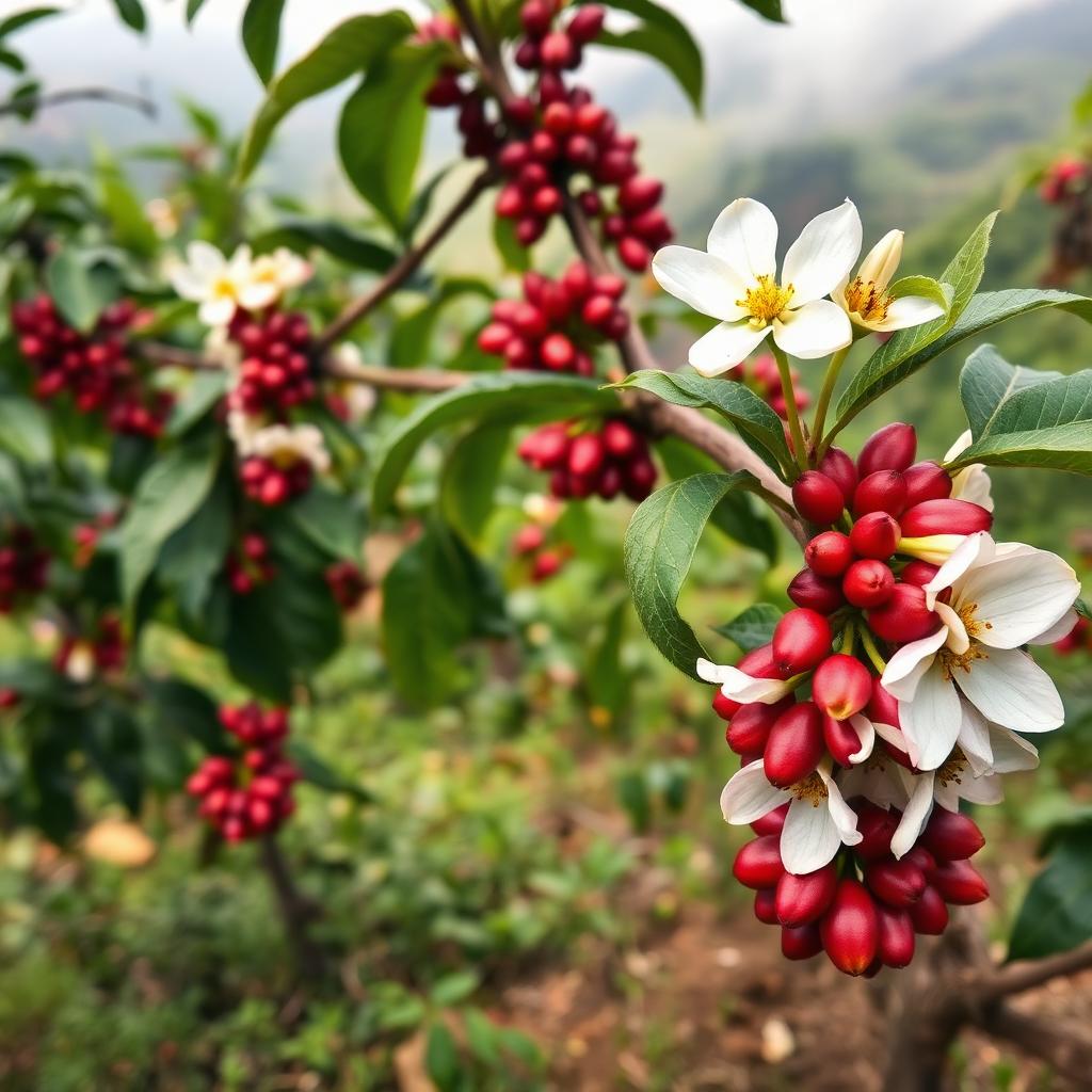 Coffee blossoms with red cherries